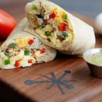Southwest Veggie Burrito · Flour tortilla filled with bacon, cage-free scrambled eggs, cheddar & jack cheeses, red bell...