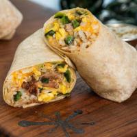 Pulled Pork Breakfast Burrito · Flour tortilla filled with pulled pork, cage-free scrambled eggs, cheddar & jack cheeses, sa...