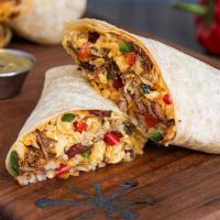 The Hangover · Flour tortilla filled with pulled pork, barbacoa, chopped bacon, cage-free scrambled eggs, c...