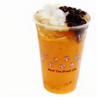 Passion Fruit Qq · Passion Fruit Tea with tapioca, and lychee jelly.