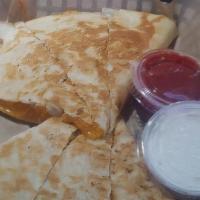 Chicken Quesadilla · House cut chicken, swiss and cheddar cheese, onioon, and bacon. Served with sour cream and s...