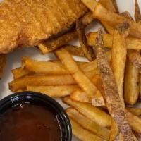 Chicken Tenders · Chicken strips, battered and fried to a golden brown, served with honey mustard.