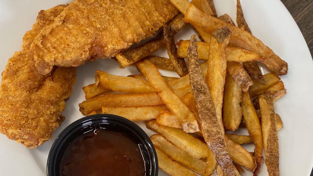 Chicken Tenders · Chicken strips, battered and fried to a golden brown, served with honey mustard.