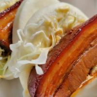 Braised Pork Belly Bao (2 Pieces) · Cabbage, pickled jalapeños, and mayo.