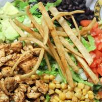 Mexican Caesar Salad · Romaine lettuce, grille chicken, roasted corn, black or pinto beans, avocado, tomato, tortil...