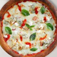 Quattro Formaggio Pizza · Our version of the 4 cheese pizza starts with a pesto base, then we add mozzarella, provolon...