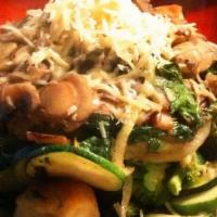 Roasted Veggie Salad · Freshly roasted zucchini, mushrooms, yellow onions, potatoes, baby spinach, and broccoli on ...