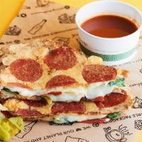 Pizza Melt · provolone, crispy pepperoni, basil, pepperoncinis on rosemary garlic bread with a parmesan c...