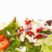Greek Salad · A mix of lettuces, tomatoes, cucumbers, roasted red peppers, red onions, feta, pepperoncini,...