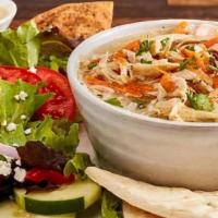 Greek Lemon Chicken Soup With Mediterranean Salad · Our Lemon Chicken Soup with our Mediterranean Salad. Fresh mixed lettuce with garbanzo beans...