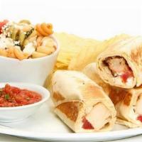 Grilled Chicken Roll-Up · With tomato and feta in a griddled flour tortilla. Served with salsa, chips, and choice of a...