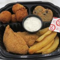Fried Fish Meal · Includes two pieces of fried fish, Tartar sauce, fries, hushpuppies, and two cookies.