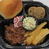 Smoked Pulled Pork Meal · Includes slow-smoked pulled pork, coleslaw, Yeast Roll, and two cookies.