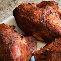 Chicken W/Or Dark Meat Plate · comes with 2 pieces of Hickory Smoked chicken ,2). sides and a dinner roll. w/or without sau...