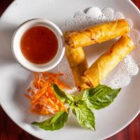 Spring Rolls Or Vegetarian Spring Rolls (3) · Golden crispy rice paper wrapped with carrots, onions, clear noodles, mushrooms, chicken, cr...