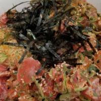 Hawaiian Poke Bowl (1 Protein) · Topped with chopped cucumbers, green bell peppers, smelt roe, sesame seeds, julienne nori, a...