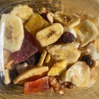 Tropical Trail Mix · Banana Chips, Coconut, dried Papaya, dried Pineapple, dried Mango, Cranberries, Cashews, Wal...