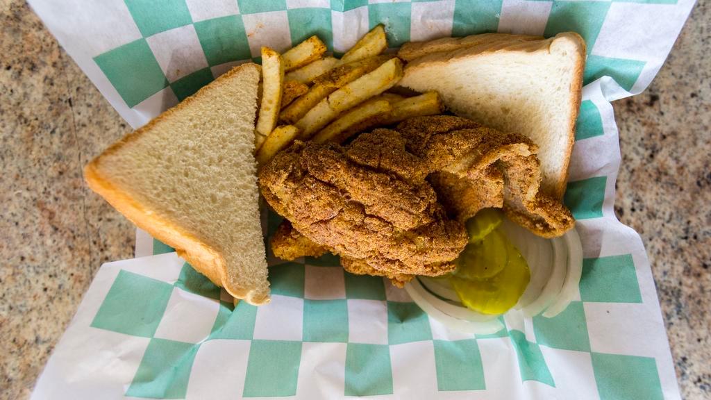 3 Piece Catfish Fillet Basket · 3 Pieces of fish, seasoned fries, 2 slices of bread, onions & pickles.