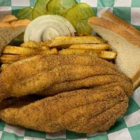 Big Catfish Fillet Basket  · 2 Pieces of fish, seasoned fries, 2 slices of bread, onions & pickles.