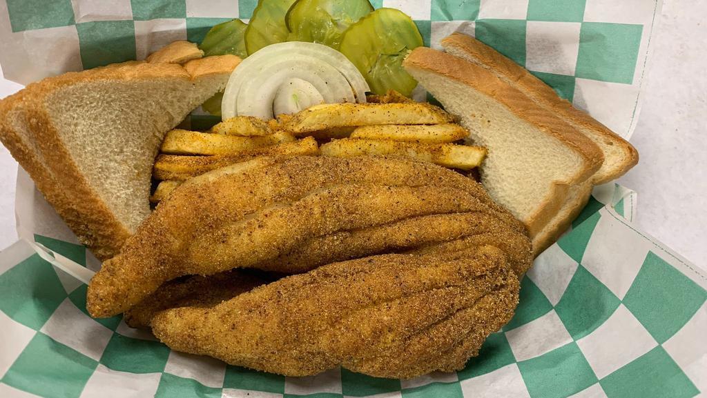 Big Catfish Fillet Basket  · 2 Pieces of fish, seasoned fries, 2 slices of bread, onions & pickles.