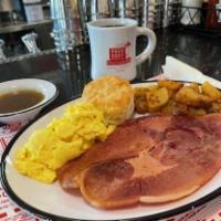 #5 Tn Country Ham Breakfast Meal · with red-eye gravy, two eggs, home fries or cheese grits, toast or biscuit