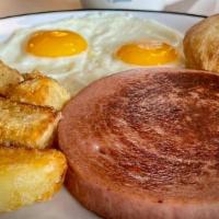 #6 Fried Bologna Breakfast Meal · fried bologna sliced thick with two eggs, home fries or cheese grits, toast or biscuit