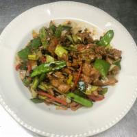Spicy Hunan Beef · Spicy. Stir-fried with sliced onions, green pepper, red pepper, black bean, and Szechuan chi...