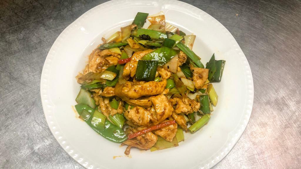 Spicy Hunan Chicken · Spicy. Stir-fried with sliced onions, green pepper, red pepper, black bean, and Szechuan chili oil.