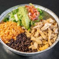 Chicken Burrito Bowl · Chicken-comes with rice, black beans, romain lettuce, guacamole and pico de gallo.
