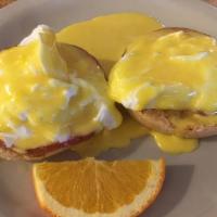 Eggs Benedict · Poached egg and Canadian bacon on an English muffin with hollandaise sauce.