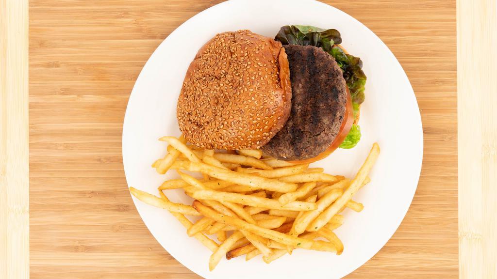 Bare Bones Burger · Half-pound beef burger served on the guest's choice of bread. Choice with side.

This item is served using raw or undercooked ingredients. Consuming raw or undercooked meats, poultry, seafood, shellfish or eggs may increase your risk of foodborne illness.