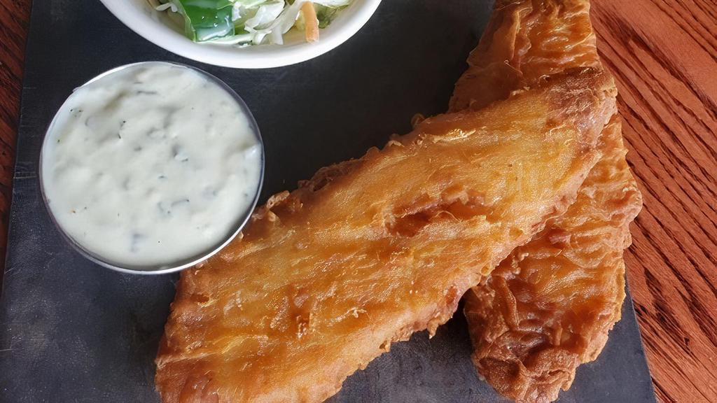 Fish & Chips · Two beer-battered cod fillets fried to a golden brown and served with tarter sauce, fries, and our homemade jalapeno, cilantro, and fresh pineapple coleslaw.