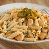 Rattlesnake Pasta · Sliced grilled chicken over penne in spicy alfredo topped with cheddar and fresh jalapeño. I...
