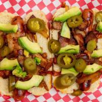 Hot Dog · Delicious hotdog with fresh or grill chopped tomatoes and onions! Along with bacon, freshly ...