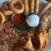J.'S Combo Platter · Our famous wings, chicken tenders, classic potato skins, mozzarella cheese sticks and onion ...