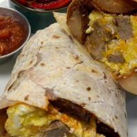 Fill Me Up Wrap · Scrambled eggs with cheddar, potatoes, sausage and bacon in a wrap with a fruit cup.