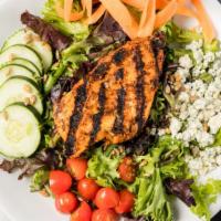 Blackened Blue Salad · Blackened chicken with blue cheese served on a bed of greens with carrots, grape tomatoes, a...