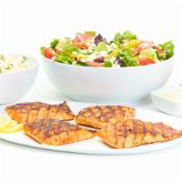 Grilled Salmon For 4 · Seasoned chargrilled blackened salmon that includes a choice of salad with dressing, choice ...
