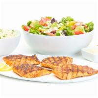 Grilled Salmon For 6 · Seasoned chargrilled blackened salmon that includes a choice of salad with dressing, choice ...