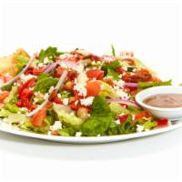 Mediterranean Salad · Fresh mixed lettuces, garbanzo beans, roasted red peppers, red onions, diced tomatoes, candi...
