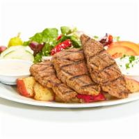 Chargrilled Lamb Feast · Served with skordalia sauce, Greek salad, and your choice of roasted new potatoes or basmati...