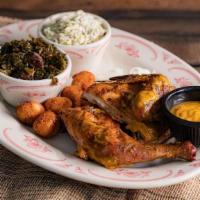 Half Chicken · Tender, fall apart split chicken with your choice of SC Mustard or Midwood Sauce & 2 Sides