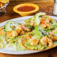 Shrimp Tostada Plate · Fried tortillas topped with chopped shrimp, lettuce, tomato, cheese, sour cream and guacamole.