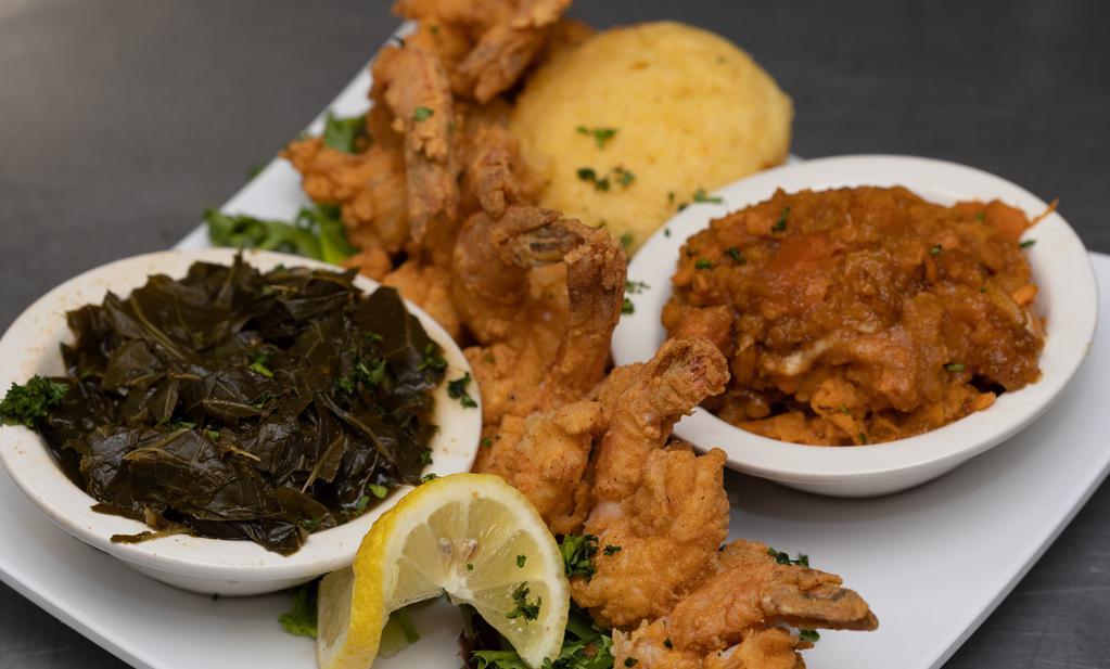 The Shrimp Dinner · ½ lb. of our large jumbo shrimp, lightly breaded and flash-fried or grilled, served with your choice of two sides, house-made cornbread, our special sauce, cornbread, and fresh lemon