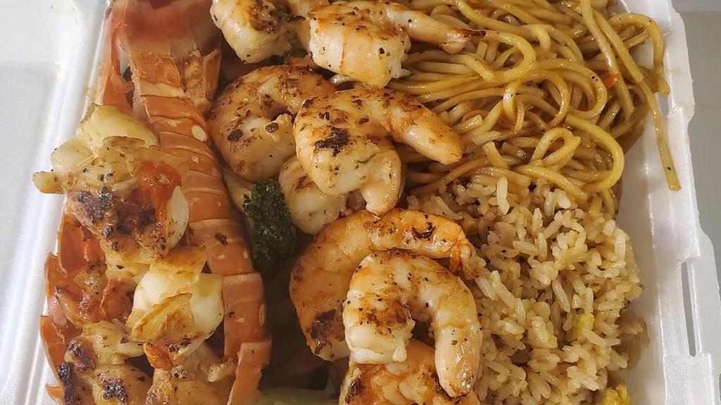 Hibachi Lobster And Shrimp · 8 piece of shrimp and 6oz of Lobster tail