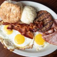 Morning After Breakfast · 3 eggs cooked your way, applewood smoked bacon, pork sausage patty, shaved ham, and a butter...