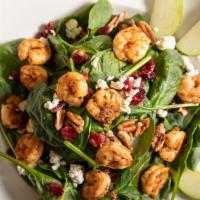 Gulf Shrimp, Apple & Spinach Salad · Grilled shrimp, fresh baby spinach, sliced green apples, bleu cheese crumbles, raisins, and ...