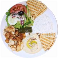 Mediterranean Platter · Jasmin chicken, Greek salad, hummus, tzatziki sauce, 1 grape leaf and whole pita

To make ch...
