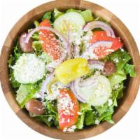 Chicken Greek Salad · Favorite. Jasmin chicken over Greek salad, half pita.