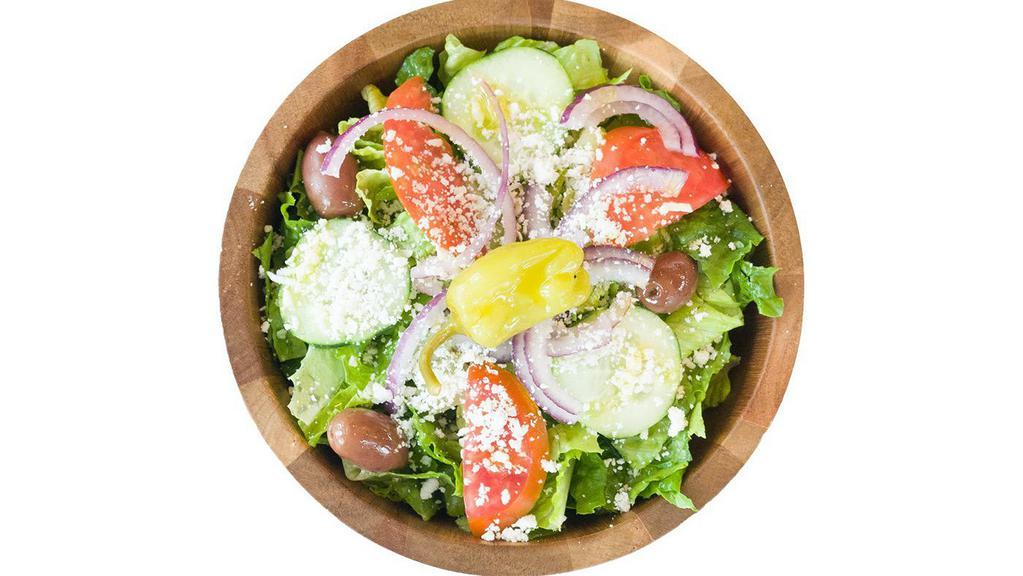 Greek Salad · Romaine lettuce, fresh tomato, feta cheese, Kalamata olives, pepperoncini, cucumber, red onion and half pita. Vegetarian.